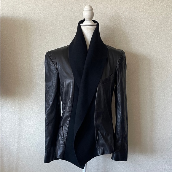 Donna Karan Black 100% Italian Leather and Wool Jacket with Waterfall Collar - Picture 1 of 10